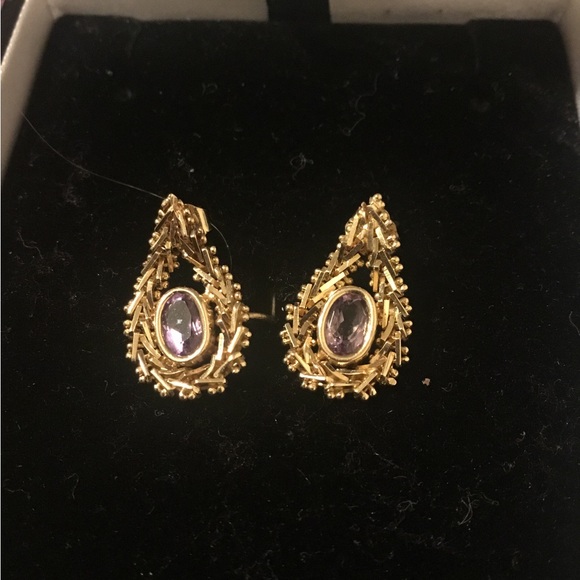 Vintage Solid 14K Yellow Gold & Natural Amethyst Earrings